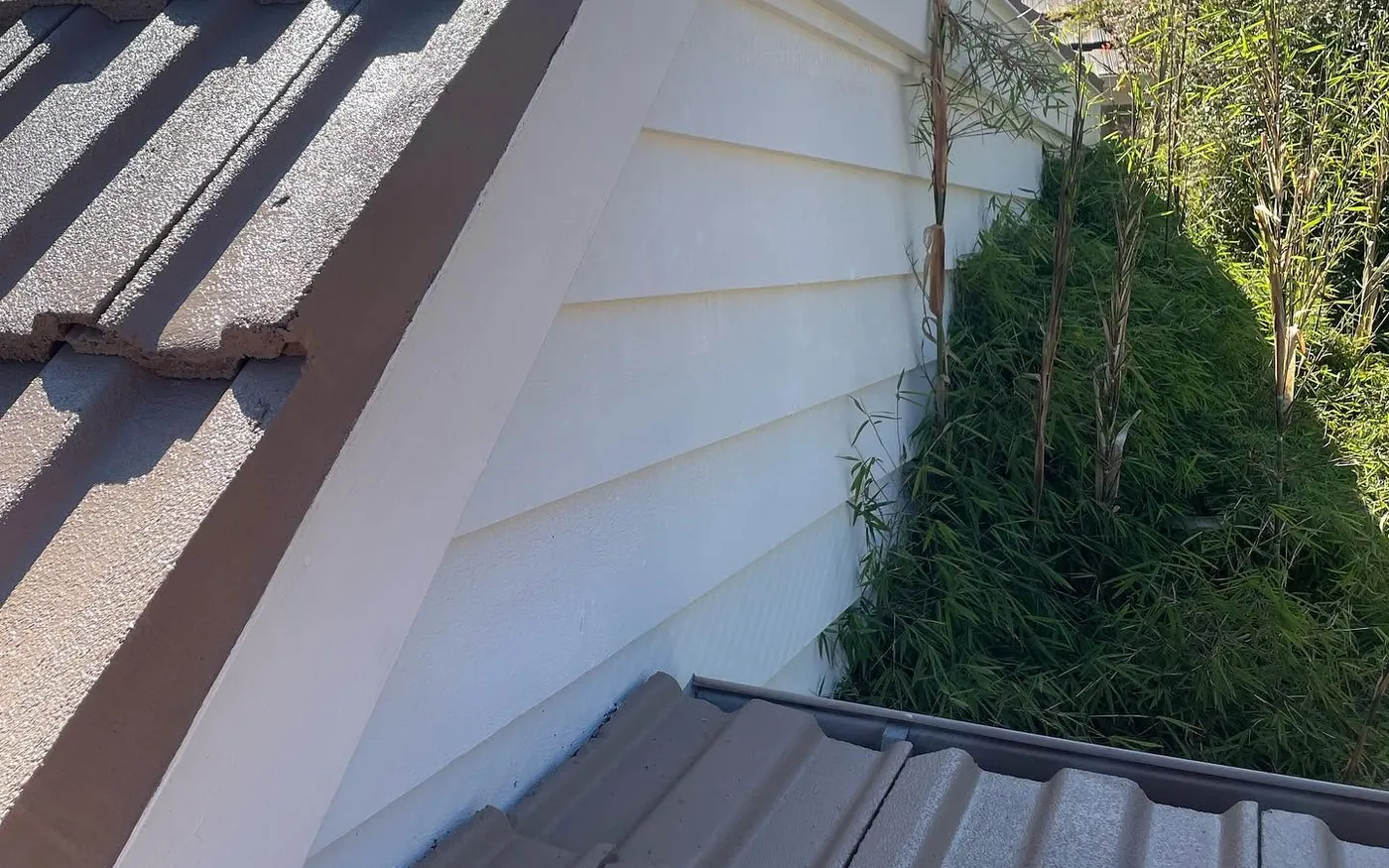 Re-pointed ridge, coated tiles and freshly painted gable after restoration